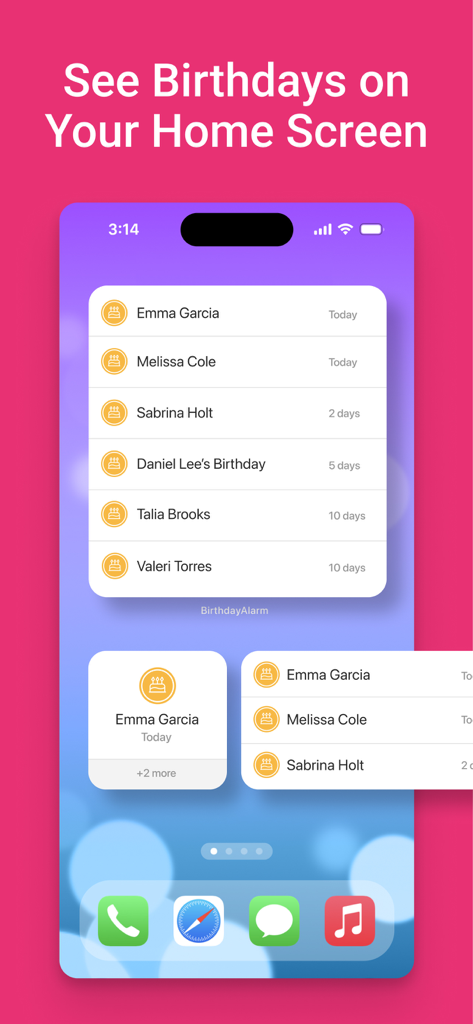 BirthdayAlarm app widget on an iPhone home screen displaying upcoming birthday reminders