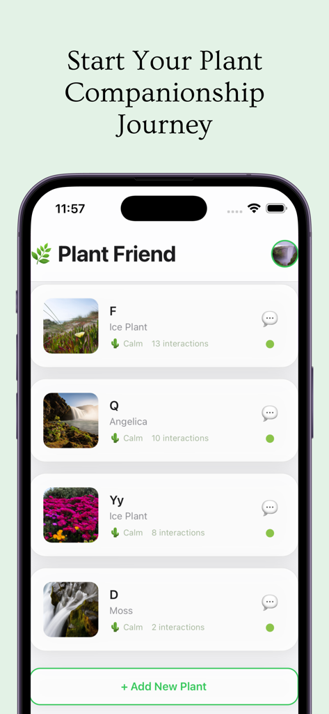 Plant Friend - Interfaz de la aplicación Plant Friend que muestra una lista de plantas con su estado de compañero de IA individual y recuentos de interacción.
