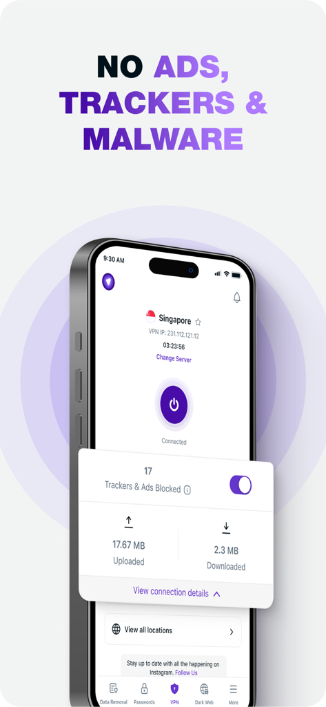 PureVPN: Fast and Secure VPN - PureVPN app screen showing blocked trackers and ads on a secure connection
