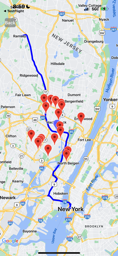 Halfway Finder - Map view showing suggested meeting locations between two points on the Halfway Finder app.