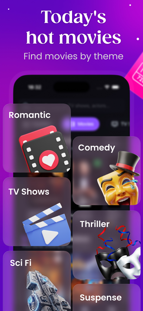 Interface mobile PipeCalc AI montrant des vignettes de genres de films et de séries comme Romantique, Comédie et Science-fiction avec des icônes 3D
