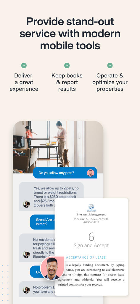 AppFolio Property Manager - Interface showing real-time resident communication and digital lease signing on a mobile device.