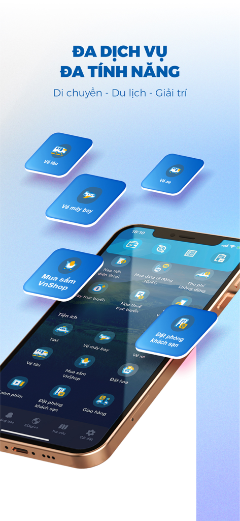 Eximbank EDigi - Pantalla de smartphone que muestra la aplicación Eximbank EDigi con iconos para servicios de compras de viajes y transporte.