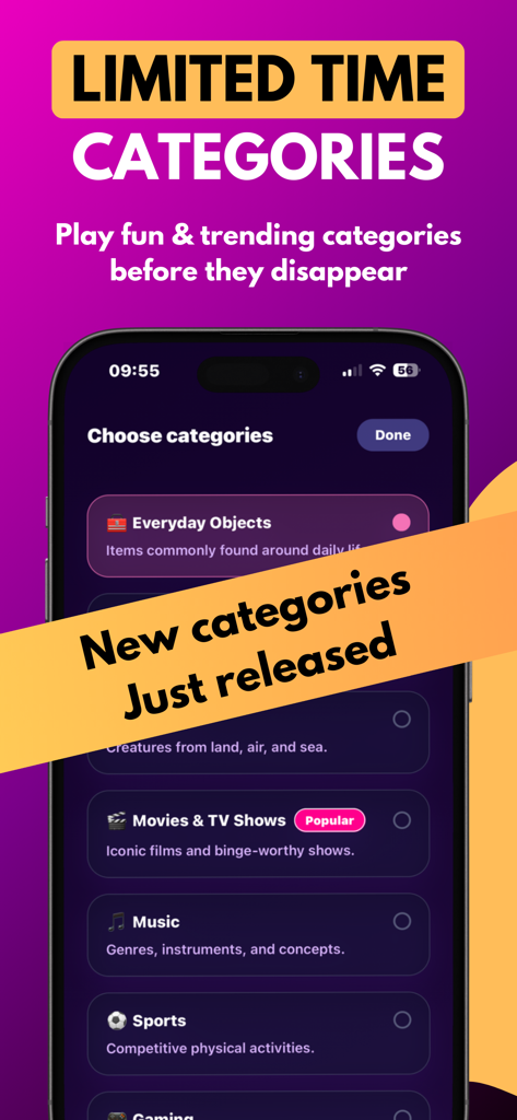 Tela do aplicativo móvel mostrando várias categorias de jogos para o jogo de palavras de festa Imposter Game