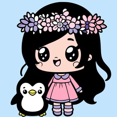 cute little girl with a penguin and a flower crown