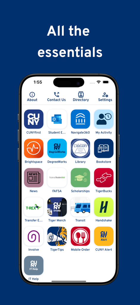 The QCC Connect app dashboard displaying a grid of icons for college services like CUNYfirst, Brightspace, and the campus library under the heading All the essentials.