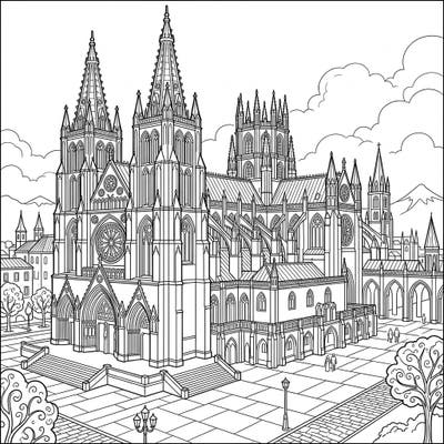 Embark on an artistic journey with this stunning full scene coloring page featuring a magnificent Gothic cathedral. Delve into its intricate architecture and bring this grand historical landmark to life with your colors.