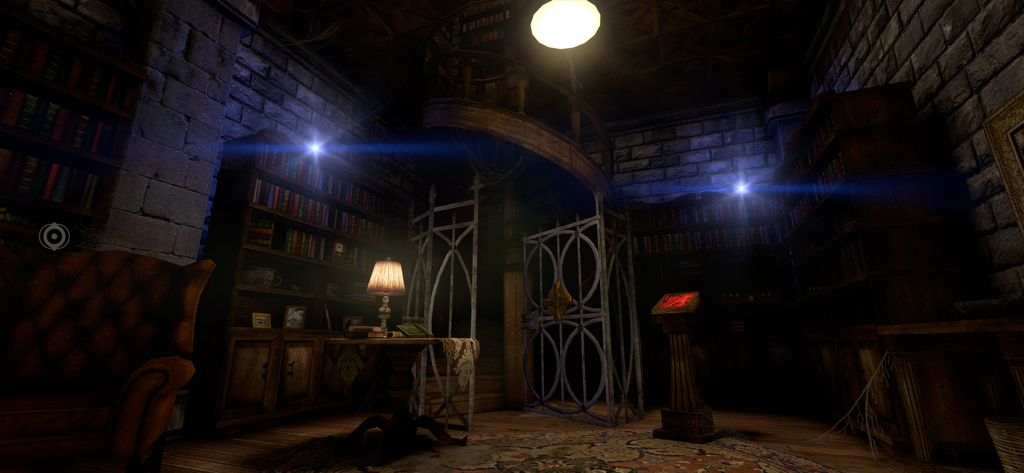 Atmósferica sala de biblioteca con estanterías y una escalera de caracol en un misterioso castillo.