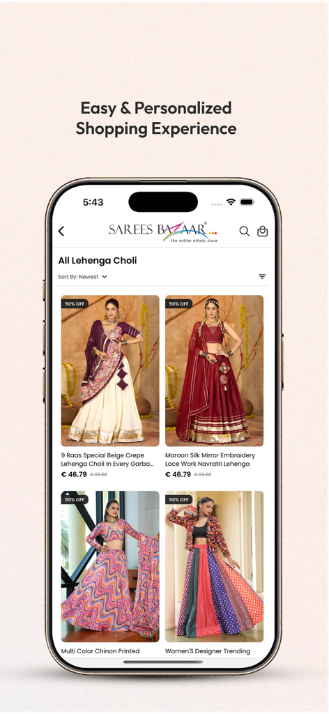 Sarees Bazaar - Ethnic Store - Sarees Bazaar app display of diverse lehenga choli designs with special discounts