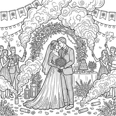 Step into the joy of a modern wedding with this captivating coloring page featuring a loving couple and their guests. Dramatic smoke bombs add an exciting, colorful element, inviting you to bring this festive scene to life with your favorite hues.