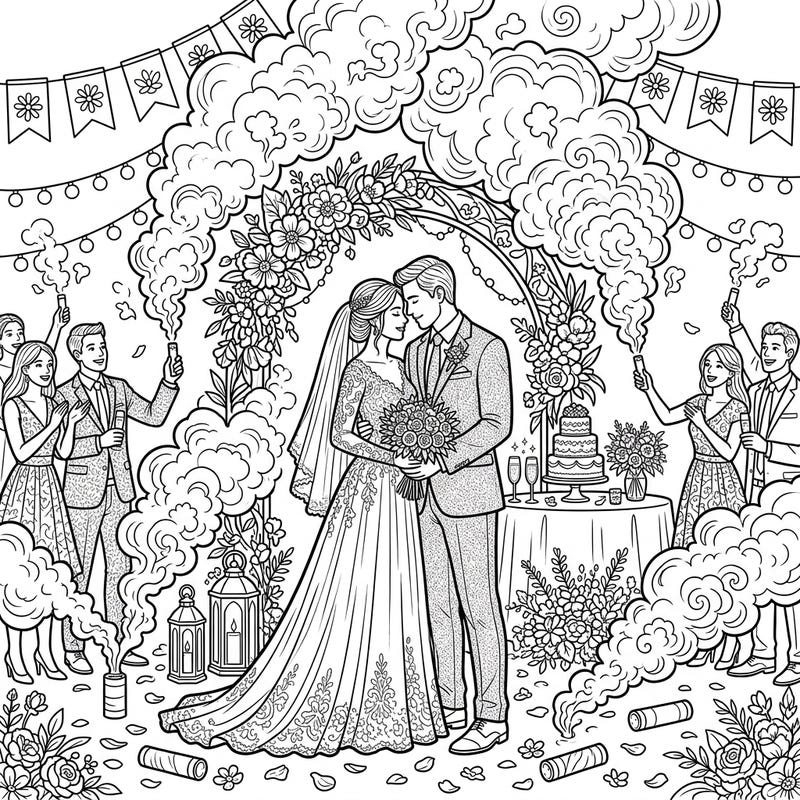 Step into the joy of a modern wedding with this captivating coloring page featuring a loving couple and their guests. Dramatic smoke bombs add an exciting, colorful element, inviting you to bring this festive scene to life with your favorite hues.
