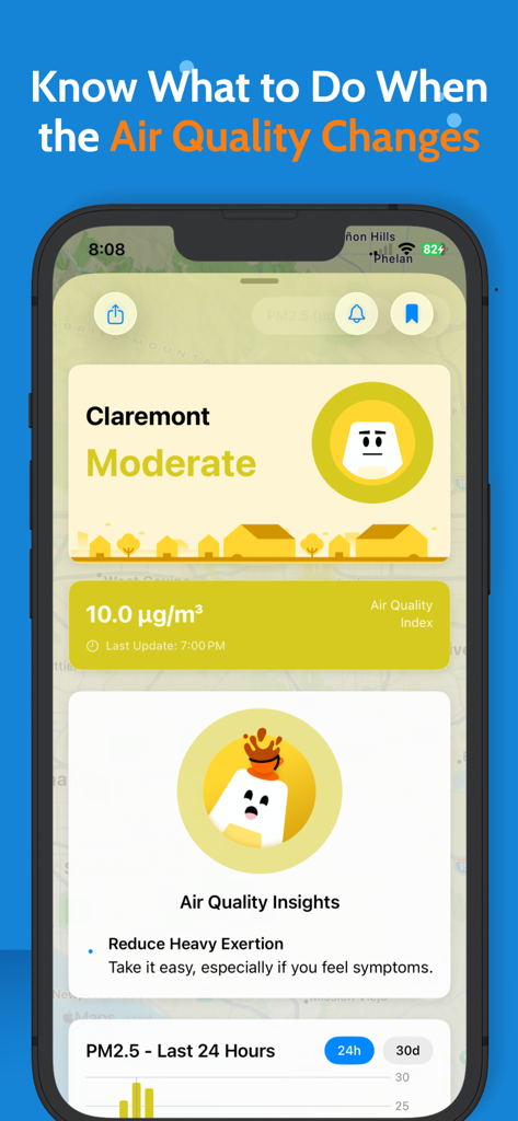 Aplicación AirGradient Map que muestra el estado de calidad del aire moderada y recomendaciones de salud