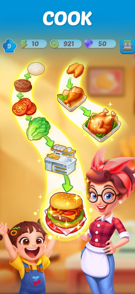 Merge Cooking® - A gameplay screen showing how to merge ingredients to create a burger and roasted chicken with happy chef characters.
