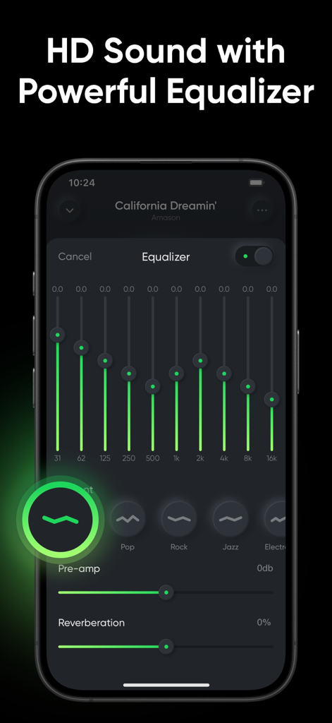 Offline Music Player - MP3, EQ - A mobile phone displaying a professional 10 band equalizer interface with green frequency sliders and sound presets