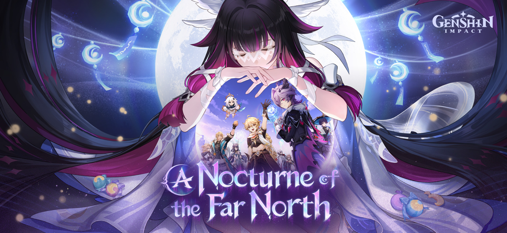 Arte promocional de Genshin Impact con personajes y el texto A Nocturne of the Far North contra un cielo iluminado por la luna.
