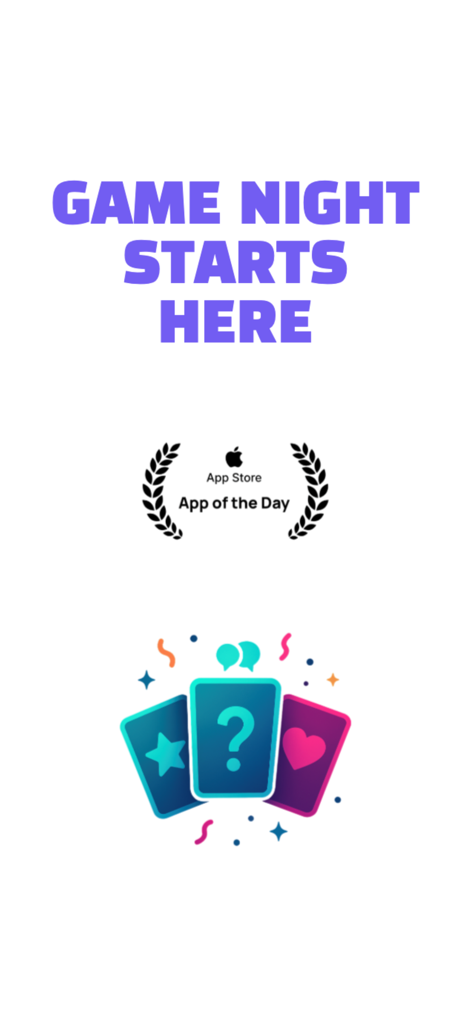 Party Games: Game Night - Pantalla promocional de la aplicación Party Games Game Night con la insignia App de la Semana de la App Store e ilustraciones coloridas de cartas de juego