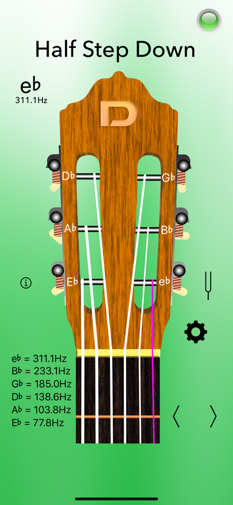 Interface of Classical Guitar Tuner Pro app set to half step down tuning with frequency display