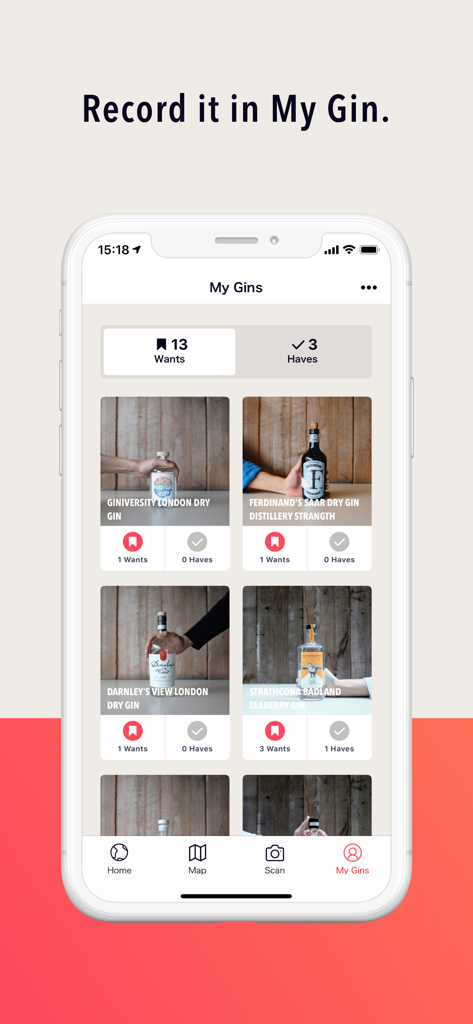 JUNIPER - App for Gin Lovers - A smartphone showing the My Gins screen in the Juniper app where users can track bottles they want or have.