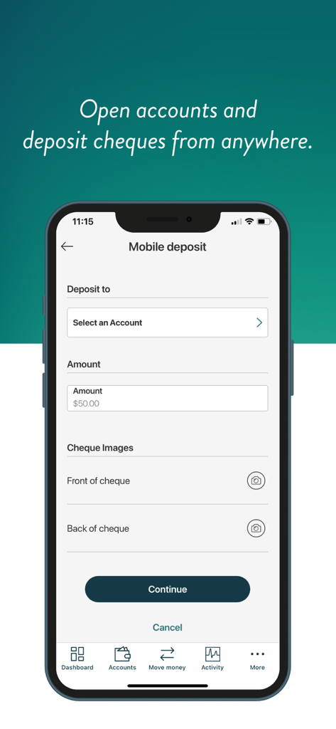 Access CU - Access CU mobile app interface for remote cheque deposits