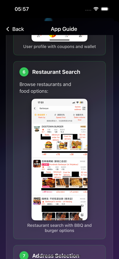 Visit China app interface showing restaurant search results for burgers and BBQ with English translations