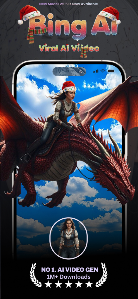 Écran de l'application Bing AI montrant une femme chevauchant un dragon rouge créé avec un modèle vidéo IA.