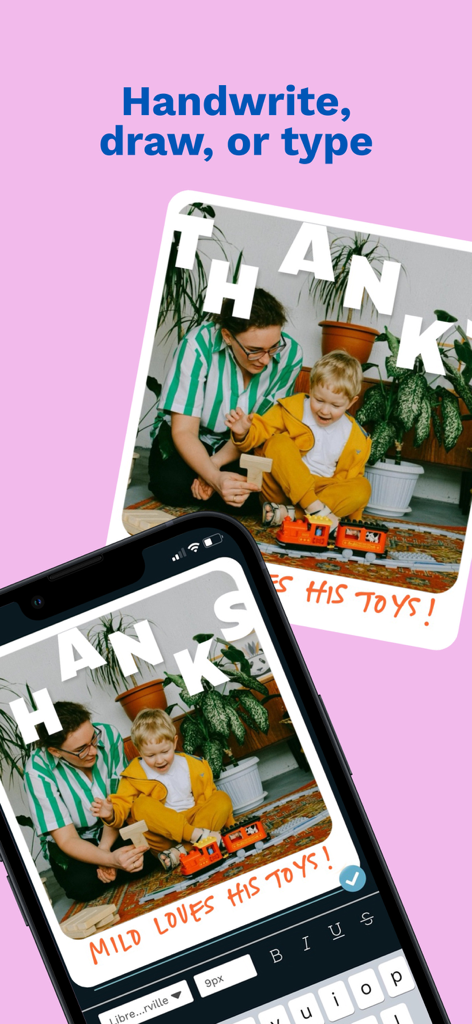 Felt: Greeting Cards & Gifts - Smartphone screen showing the Felt app card editor with a personalized photo and handwriting.