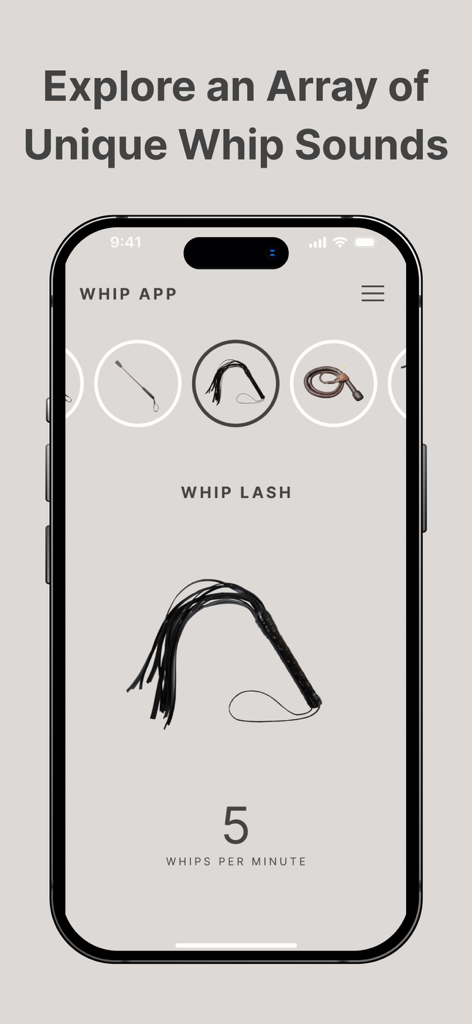 Whip Whip - Smartphone screen showing the Whip Whip app interface with different whip sound options.