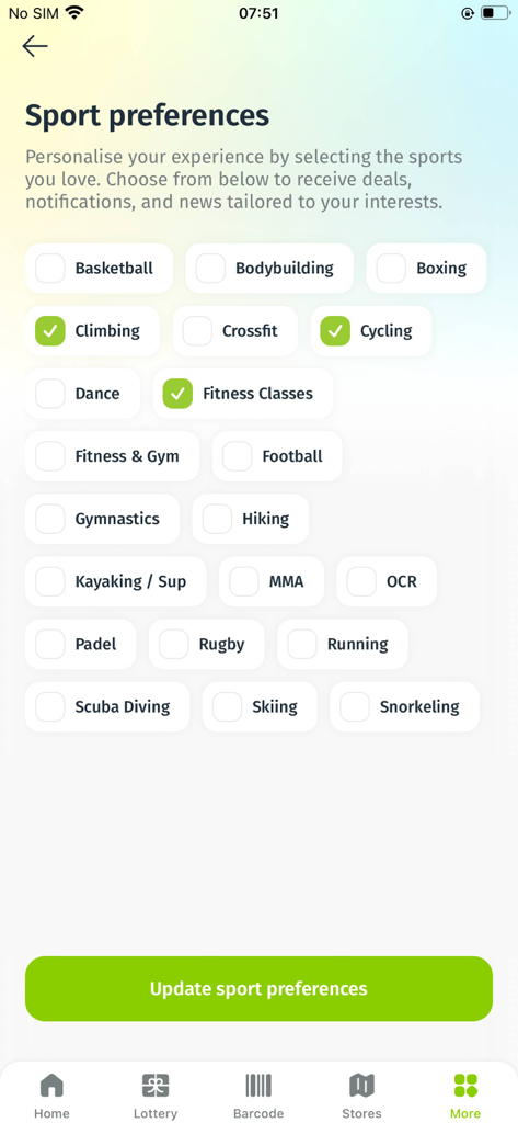 MPG Rewards - La pantalla de preferencias deportivas de la aplicación MPG Rewards que muestra categorías deportivas seleccionables