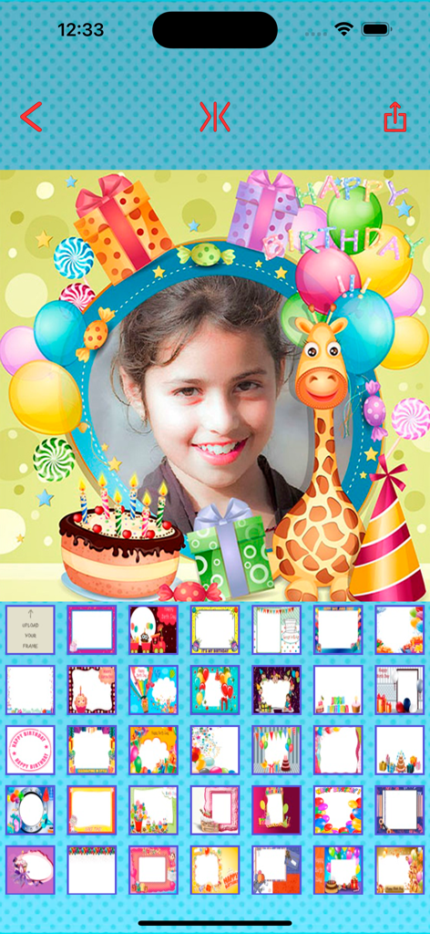 Happy birthday photos frames - Retrato de un niño dentro de un marco de cumpleaños festivo con un pastel y una jirafa