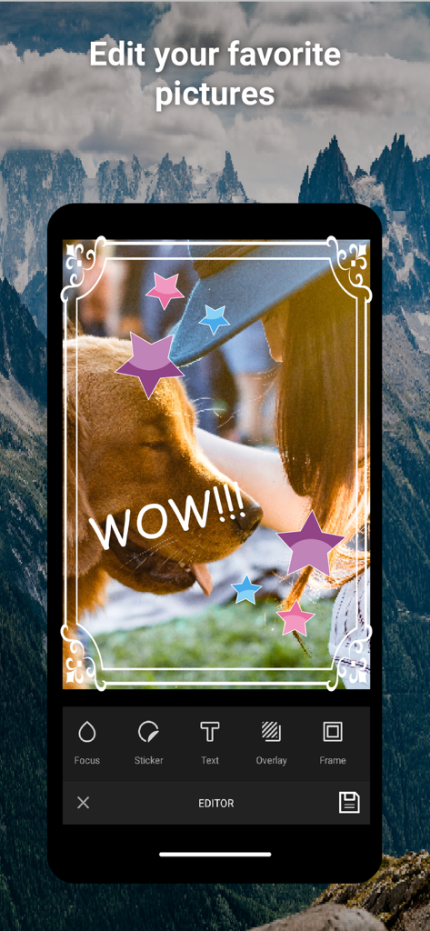 Zefiro - Interface do aplicativo móvel Zefiro mostrando ferramentas de edição de fotos, incluindo adesivos e sobreposições de texto em uma foto de um cachorro.