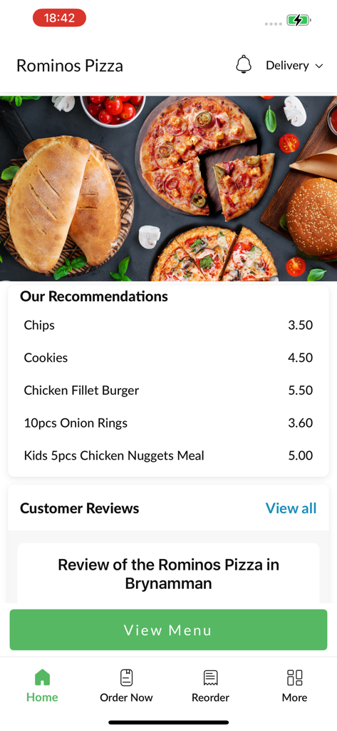 Rominos Pizza - Rominos Pizza app home screen showing food recommendations and high quality food photos