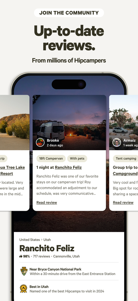 Hipcamp app screen displaying user reviews and photos of camping spots from the community