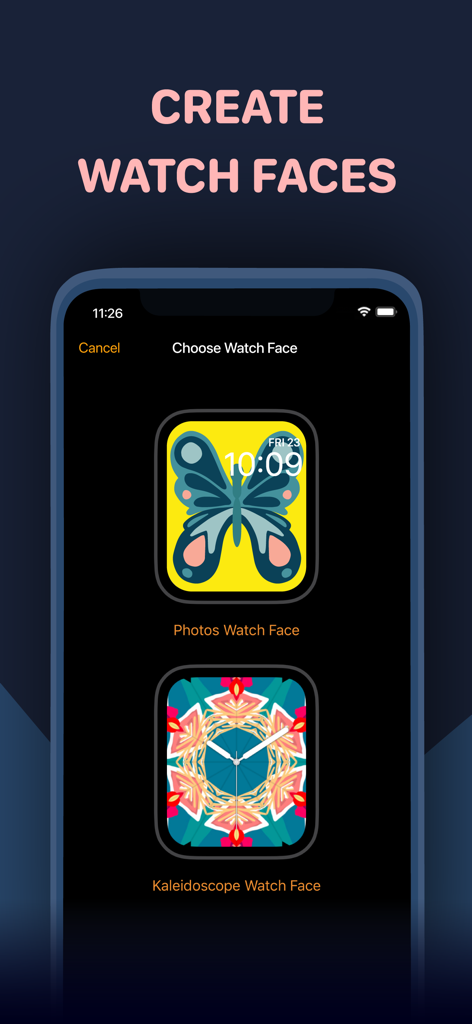 An iPhone screen displaying options to create custom Apple Watch faces from colored butterfly and kaleidoscope designs.