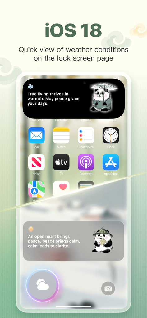 Panda Weather app widgets on iOS 18 featuring panda characters and poetic weather descriptions.