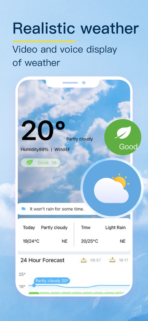 Weather - Storm Tracker Alert - Captura de pantalla de la aplicación meteorológica que muestra la calidad del aire de temperatura y un gráfico de pronóstico de 24 horas
