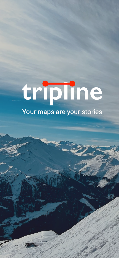 Pantalla de inicio de la aplicación Tripline con montañas nevadas y el lema Tus mapas son tus historias