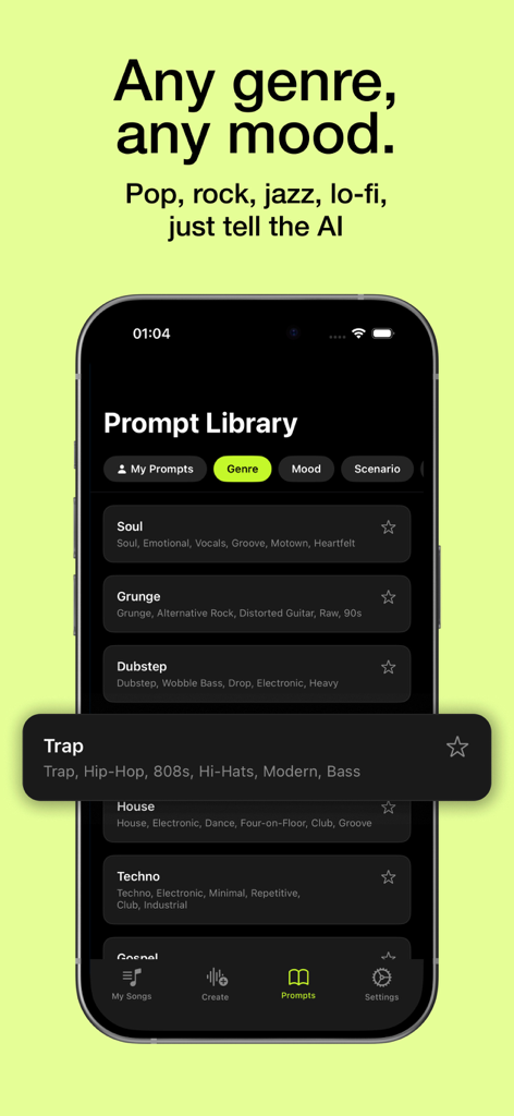 Interface of an AI music generator app showing a prompt library with various music genres like Soul and Trap