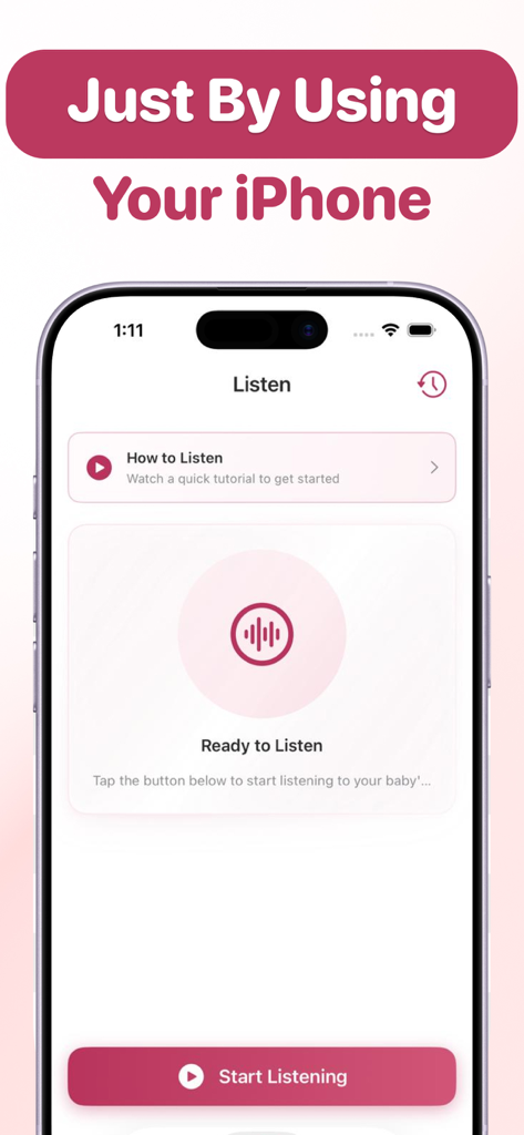 Pulsey app interface on an iPhone showing the start listening feature for baby sounds