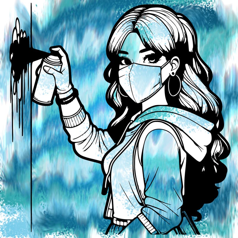 realistic girl with mask spray painting a wall