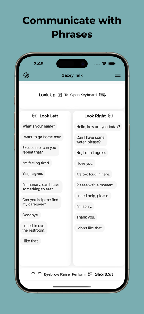 Eye Tracking Speech- GazeyTalk - Interfaz de la aplicación GazeyTalk que muestra frases seleccionadas a través de gestos de seguimiento ocular.