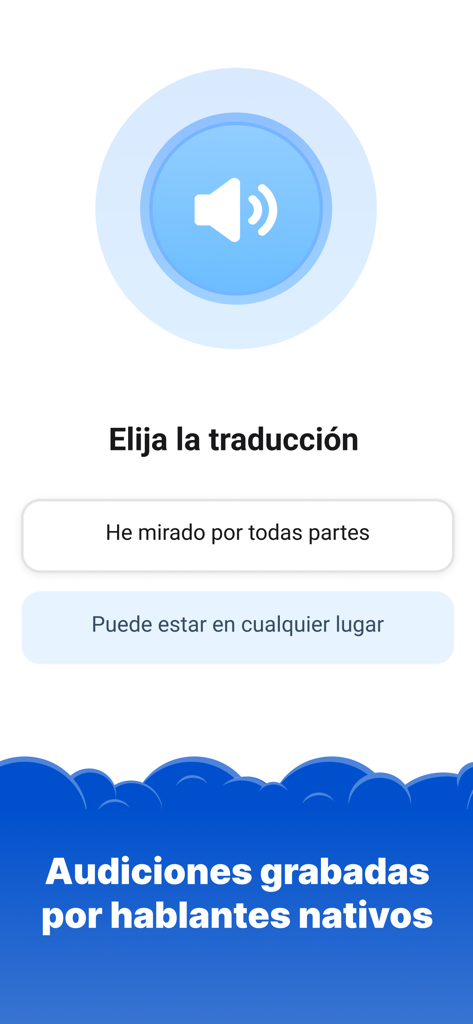Simpler: English learning app - Écran de l'application Simpler montrant un exercice d'écoute avec des options de traduction et une fonction audio de locuteur natif.