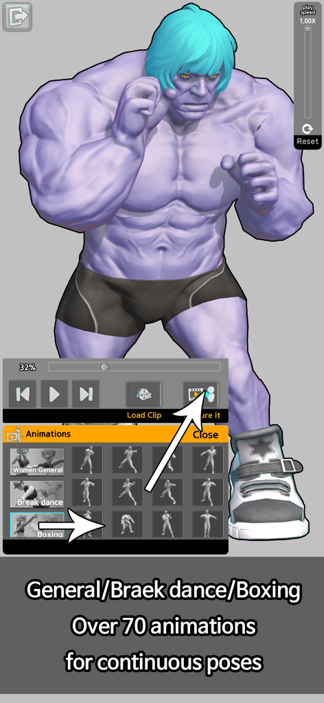 Easy Pose -Best Posing App - Um modelo de personagem 3D musculoso roxo em uma pose de boxe com o menu de seleção de animação aberto no aplicativo Easy Pose
