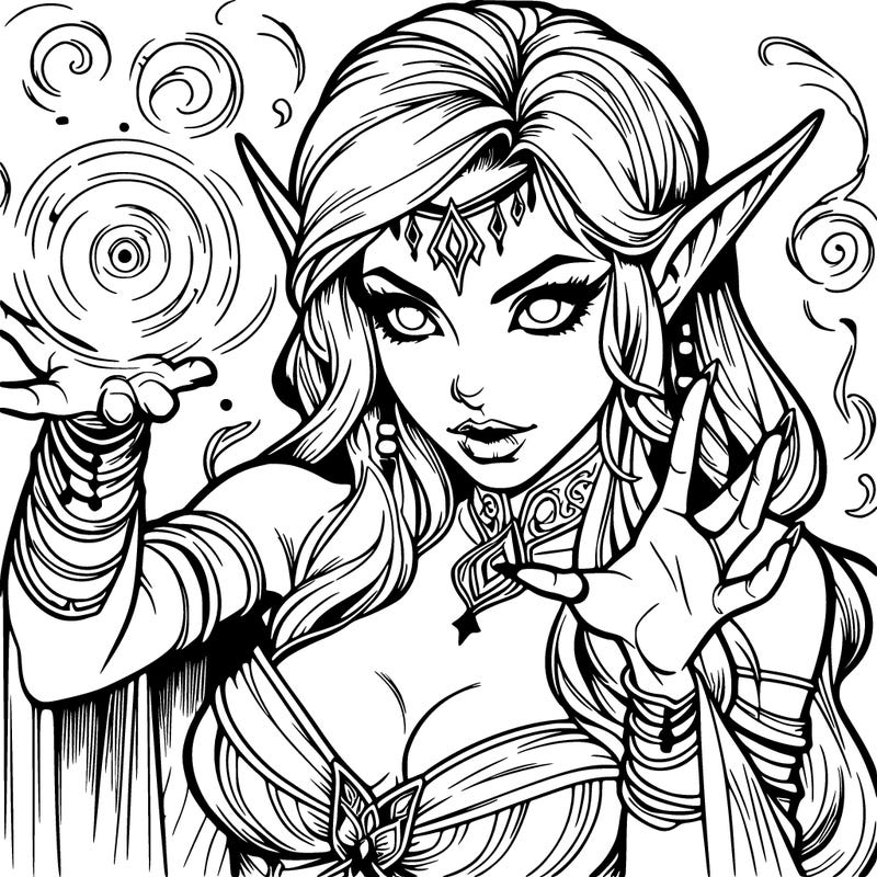 realistic scary beautiful elf sorceress casting spell