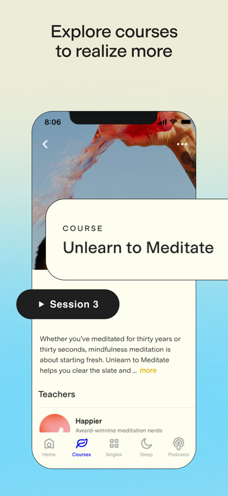 Captura de pantalla móvil de la aplicación Meditación Más Feliz que muestra la página del curso Desaprender para Meditar con un botón de sesión.