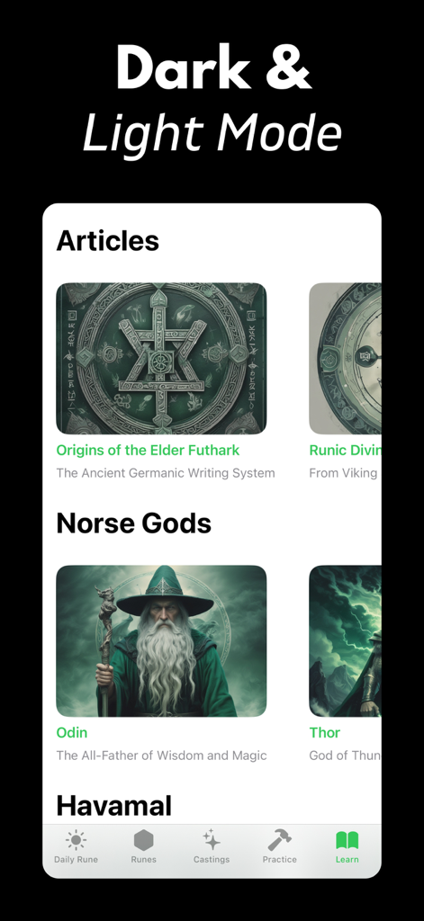 Norse Runes & Mythology - Learn screen of the Norse Runes and Mythology app showing articles and info on Norse Gods.