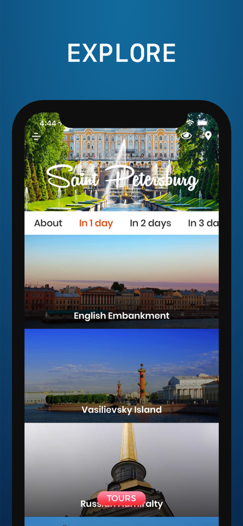 Schermata dell'app Guida di Viaggio a San Pietroburgo con punti di riferimento della città e itinerari giornalieri