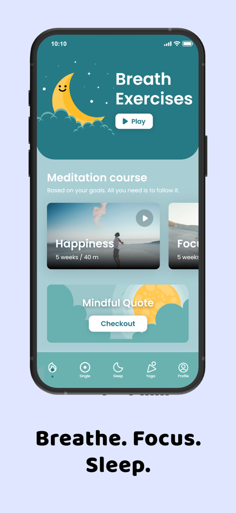 The Mindfulness Meditation App - Interfaz de usuario de una aplicación de mindfulness que muestra ejercicios de respiración y cursos de meditación para la felicidad y la concentración.