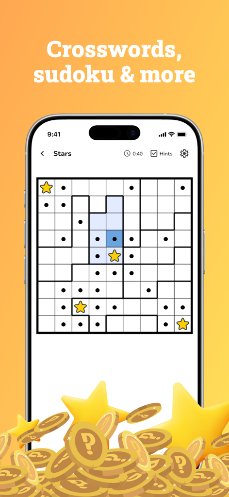 Smartphone screen showing a Stars logic puzzle grid within the Puzzler app with decorative coins and stars