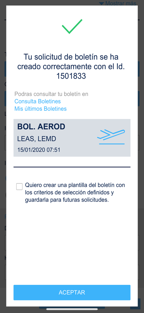 ICARO app screen showing a successful flight plan bulletin creation confirmation with airport codes LEAS and LEMD.