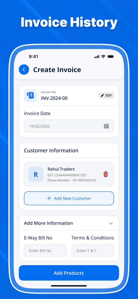 Mobile app screen for creating a GST invoice including customer details and invoice date